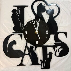 Charming I Love Cats Cat Wall Clock, Recycled Vinyl Record